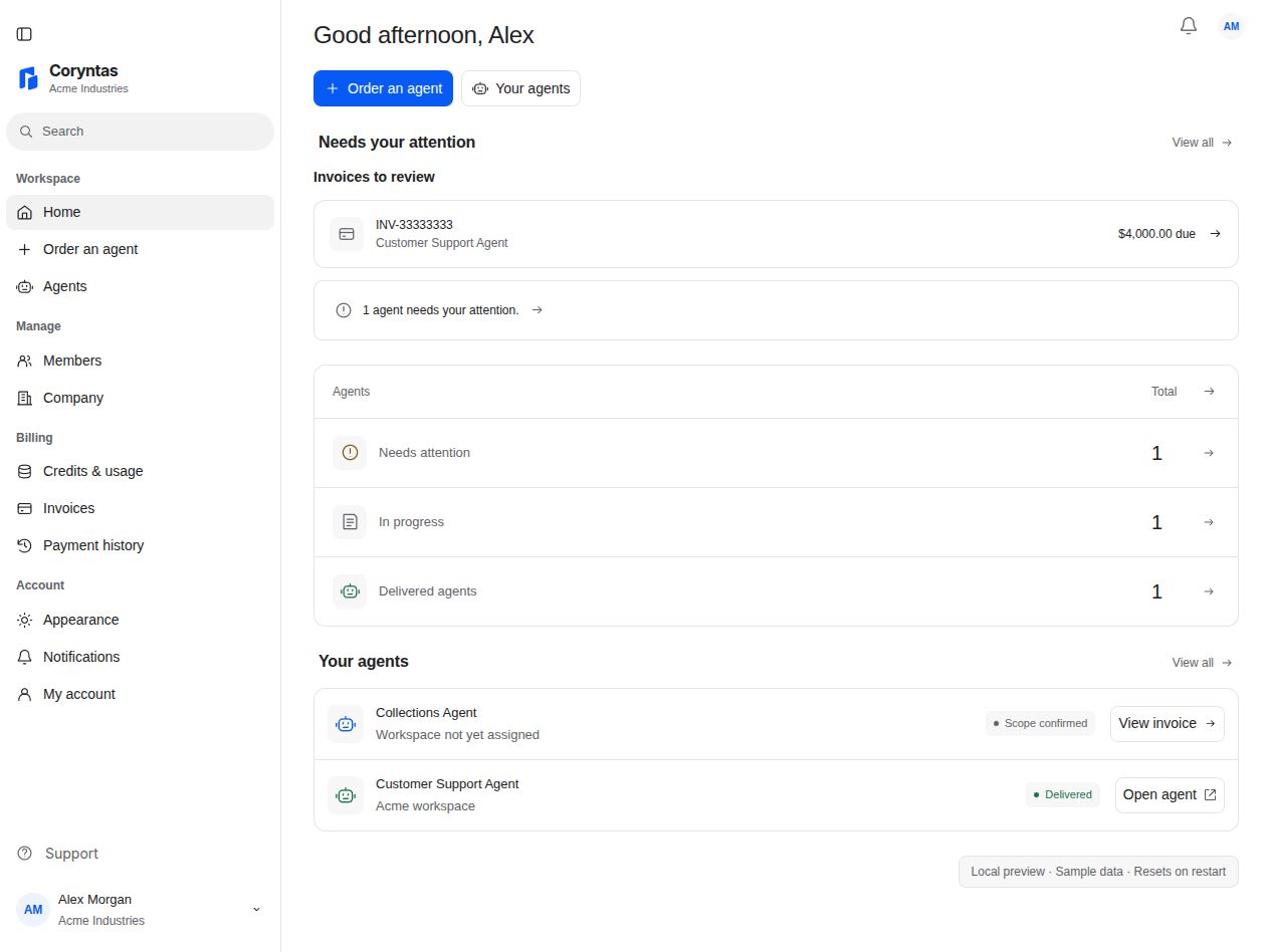 Demo Home showing agent progress and an invoice requiring attention for Acme Industries.