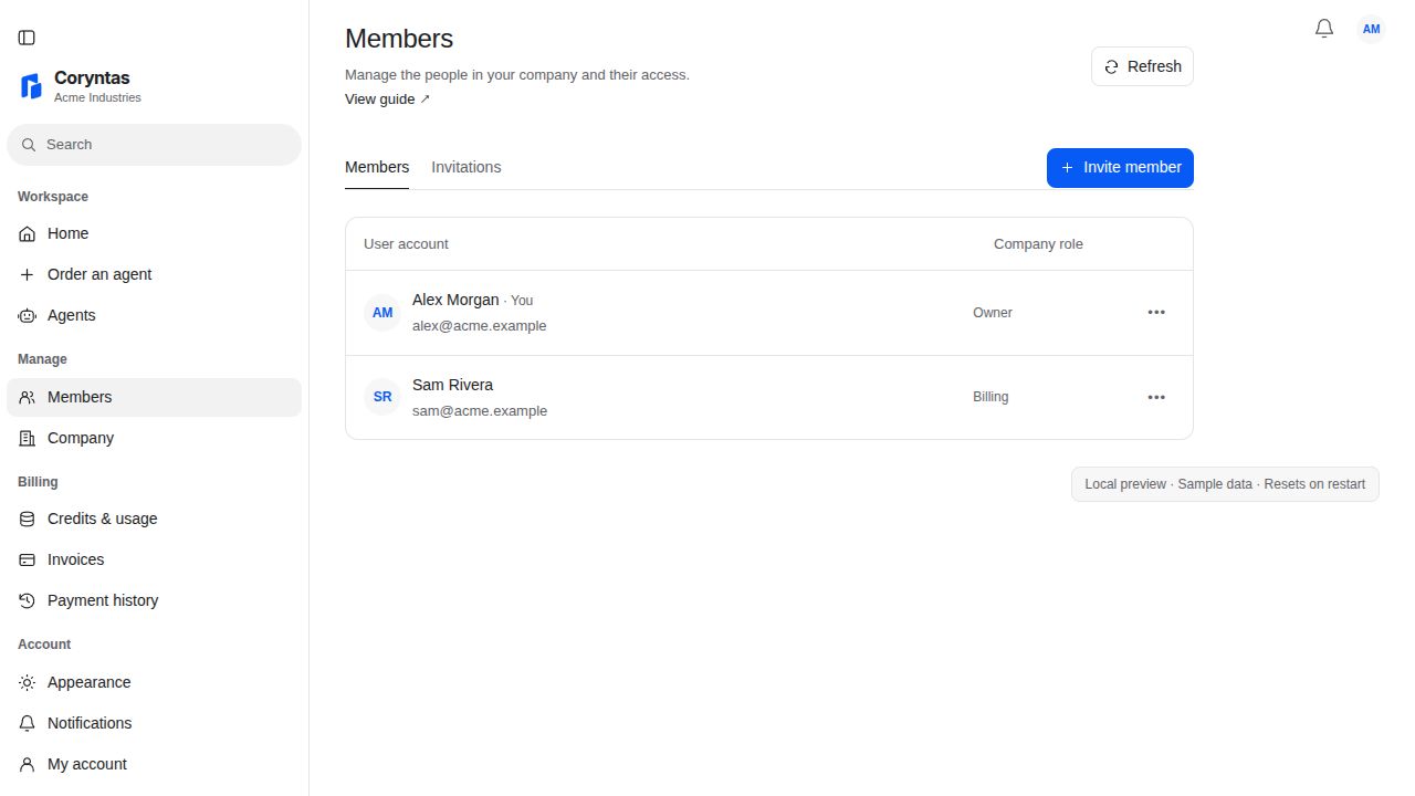 Demo Members page listing Alex Morgan as Owner and Sam Rivera as Billing, with access controls.
